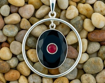 Sterling Silver Black Onyx Pendant with Ruby Accent
