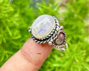 Handmade Oval Moonstone Ring: Sterling Silver Bezel Setting