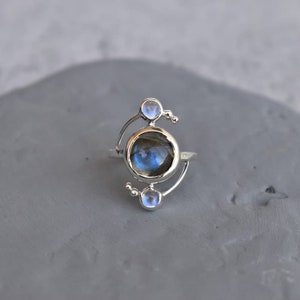 Natural Moonstone and Labradorite ring , Blue flashy two gemstone ring , Sterling silver labradorite ring , Bridesmaid gift , Gift for Women