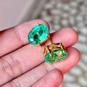 May Birthstone Jewelry , Christmas Gift for Her ,14K Gold Plated ,Lab Oval Emerald Earrings, Emerald Earring, 925 Sterling Silver Earring