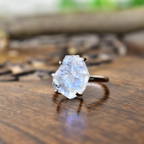 Raw moonstone RHODIUM PLATED ring , Raw Crystal Ring, Rainbow Moonstone 925 silver Raw Gemstone Ring, crystal Ring , bridesmaid gift