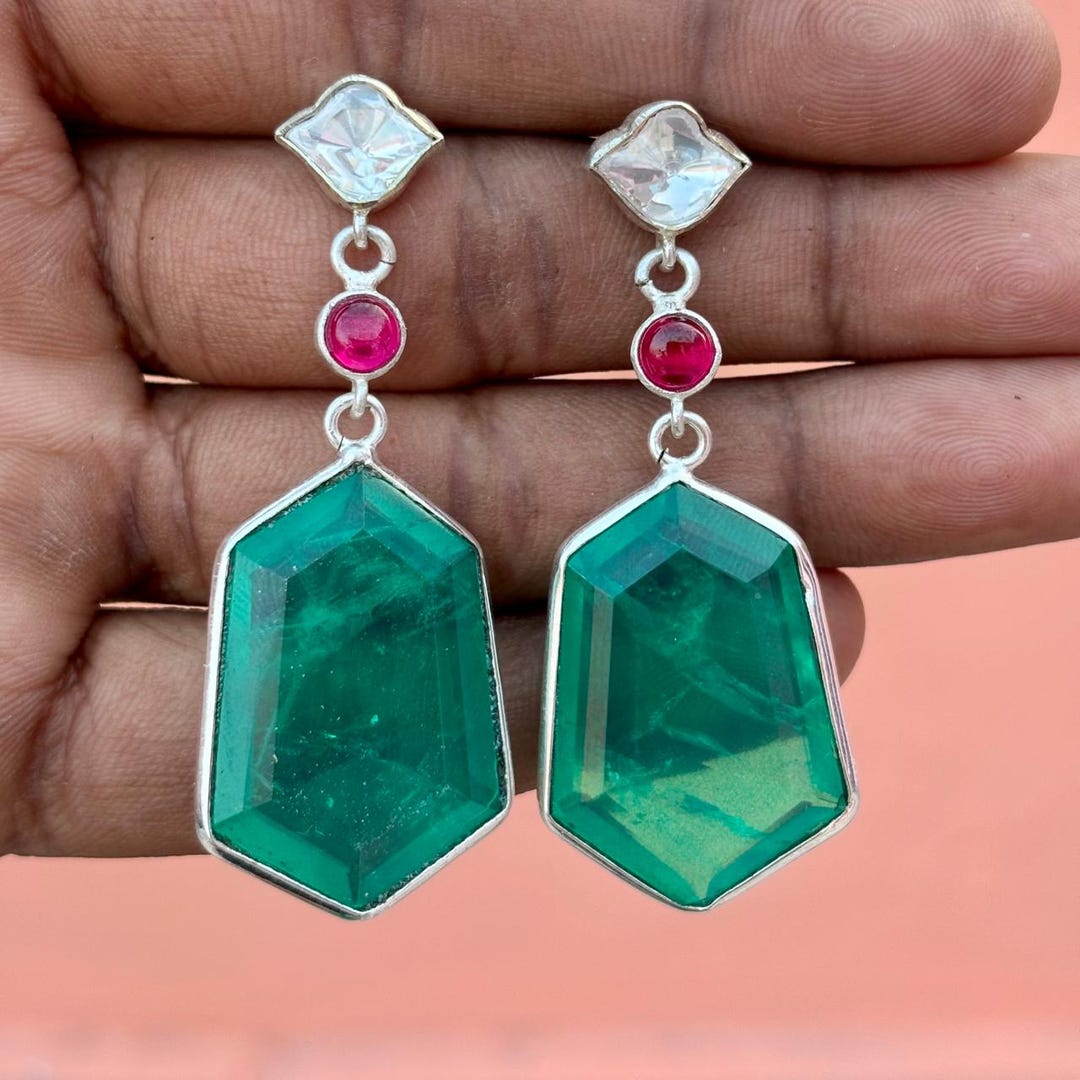 Boucles d'oreilles émeraude et rubis : bijoux en argent sterling 925 ...