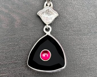 Sterling Silver Black Onyx with Ruby Pendant Necklace: Moissanite Accent