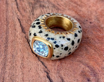 Genuine Dalmatian Jasper Statement Ring: Sterling Silver, Gold Plated, Moissanite Gemstone