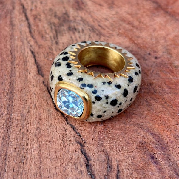 Genuine Dalmatian Jasper Statement Ring: Sterling Silver, Gold Plated, Moissanite Gemstone