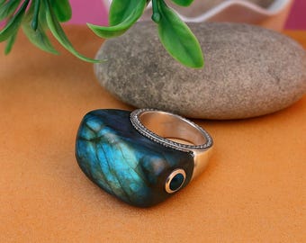 Labradorite & Green Onyx Ring : 925 Sterling Silver Jewelry, Dual Stone ring