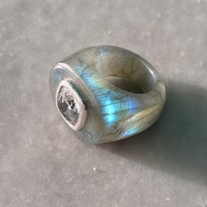 Natural Labradorite Moissanite Sterling Silver Ring, Handmade Statement Jewelry
