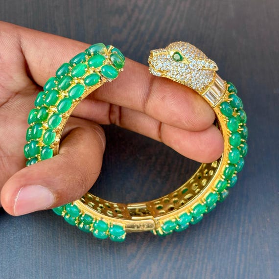 Green Onyx Lion Bangle: Oval Gemstone Cuff, Openable Bangle - Etsy