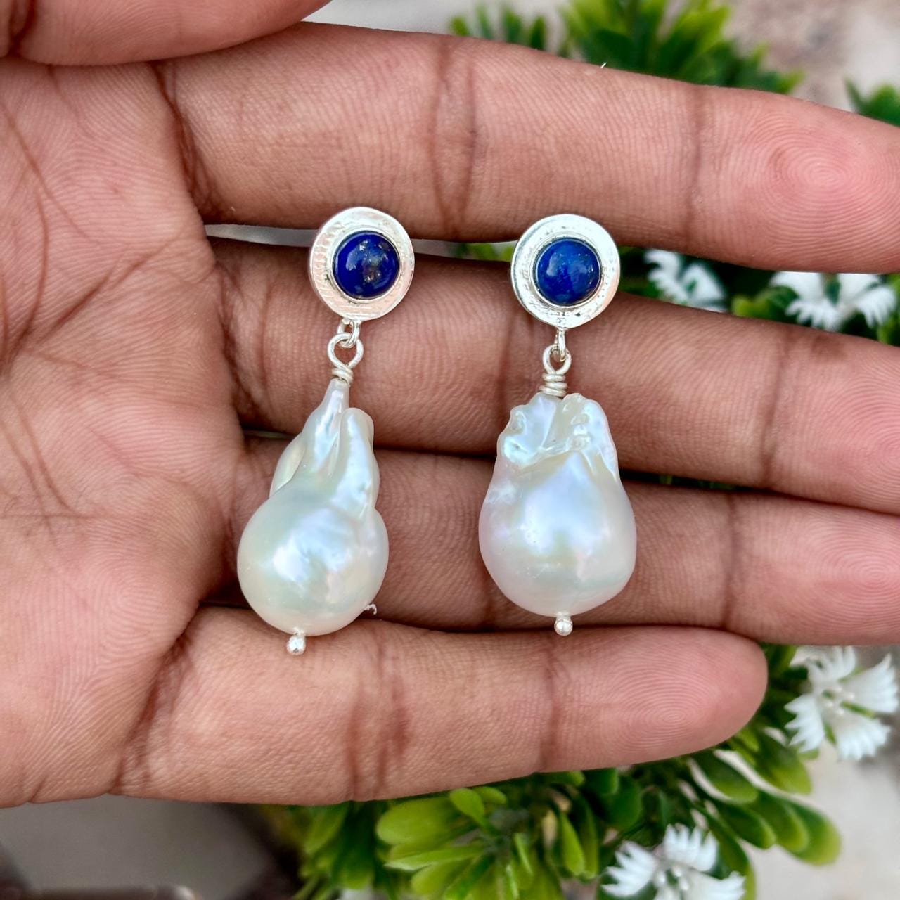 Baroque Pearl Lapis Lazuli Earrings, Sterling Silver Dangle Drop