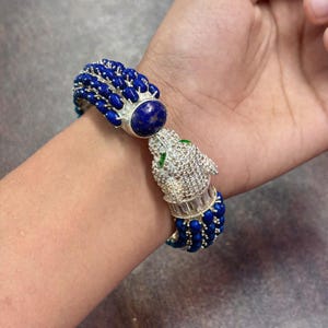 天然ラピスラズリ＆エメラルドバングル：925スターリングシルバージュエリー、調節可能なバングル。