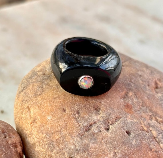 Natural Black Obsidian Ring, Opal Ring, Opal and Obsidian Ring