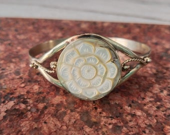 Handmade Sterling Silver Mother of Pearl Cuff Bangle: Adjustable Gemstone Bracelet