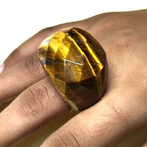 Faceted Tiger&#39;s Eye Ring, Tiger&#39;s Eye Stone Jewelry, Tiger&#39;s Eye Crystal Ring, Luck Stone Ring, Smooth Tiger&#39;s Eye Ring, Christmas Gift