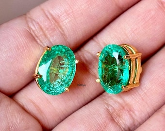 Lab Emerald Stud Earrings: 14K Gold Plated, 925 Sterling Silver Pendant