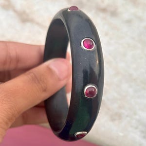 Handmade Obsidian Bangle: 925 Sterling Silver, Black Obsidian With Ruby Bracelet
