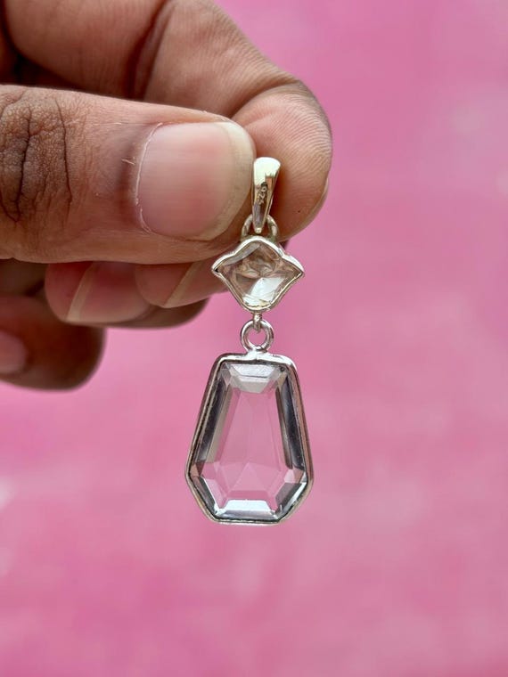 Crystal With moissanite Pendant : 925 Sterling Silver Pendant , Dual Stone Jewelry