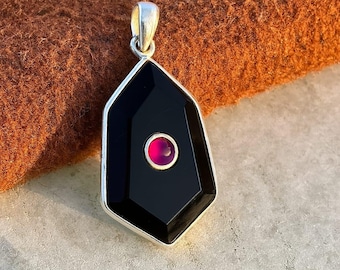 Black Onyx & Ruby Sterling Silver Pendant: Dainty Women's Jewelry