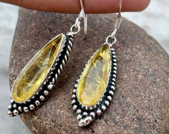 Pear Yellow Sapphire Earrings: Handmade Sterling Silver Dangle Drop