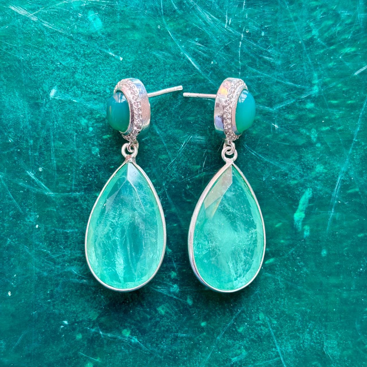 Boucles D'oreilles Longues Vert émeraude & Onyx - Argent 925 & Zirconium - Neuf Avec étiquettes