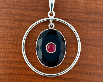 Handmade Sterling Silver Black Onyx & Ruby Dangle Pendant