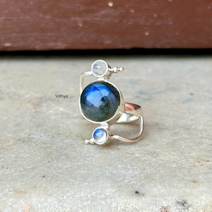 Blau Labradorit Mondstein Ring, Sterling Silber Cocktail Ring