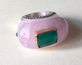 Rose Quartz Emerald Ring: 925 Sterling Silver Pear Stone Band