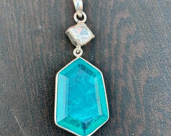Paraiba Tourmaline Pendant : Moissanite polki, 925 Sterling Silver Jewelry