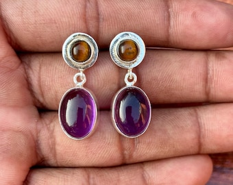 Amethyst Tiger's Eye Earrings: Sterling Silver Boho Dangle Earrings
