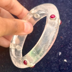 Natural Crystal Quartz Bangle, Healing Crystal Bangle, Ruby and Crystal Bangle, Birthstone Jewelry, Women Bangle, Engagement Gift, Gift Her