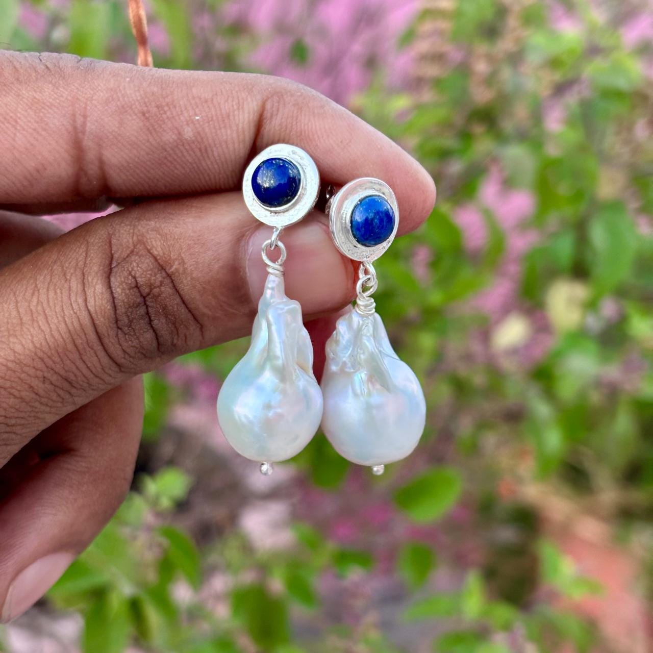 Baroque Pearl Lapis Lazuli Earrings, Sterling Silver Dangle Drop