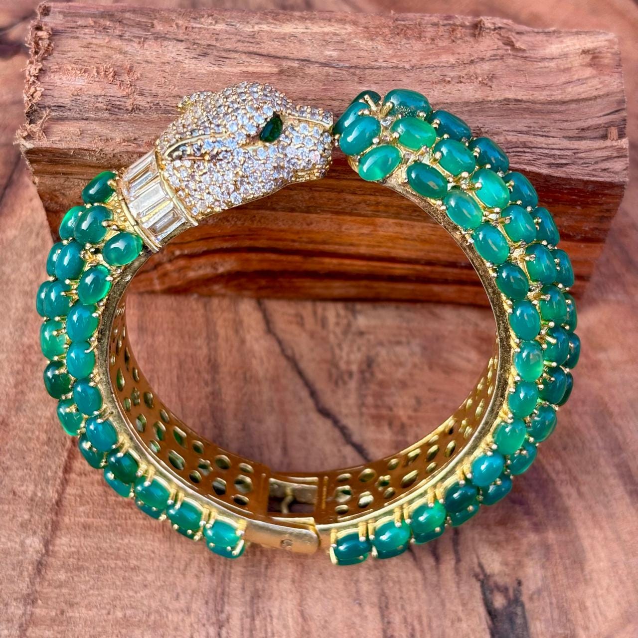 Green Onyx Lion Bangle: Oval Gemstone Cuff, Openable Bangle - Etsy