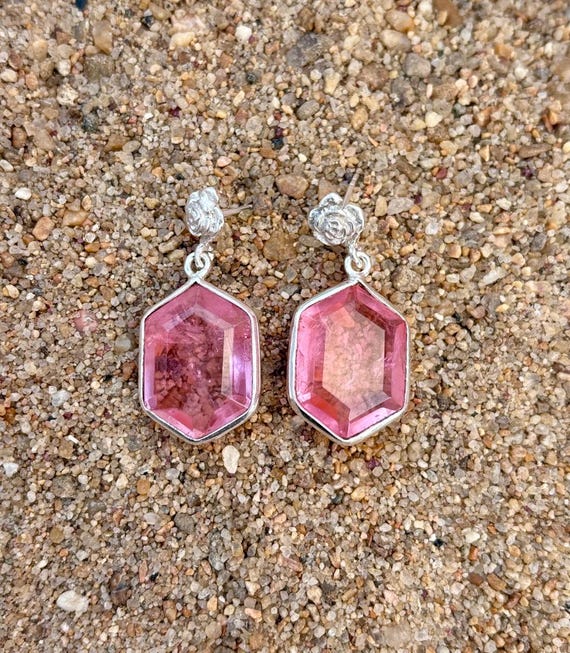 Anello Diamante Orecchini Pendenti In Argento Con Tormalina Bicolore - Pietra Preziosa Di Alta Qualità, Fatto A Mano Morganite Anello Anello Diamante Orecchini Pendenti In Argento Con Tormalina Bicolore - Pietra Preziosa Di Alta Qualità, Fatto A Mano Morganite Anello