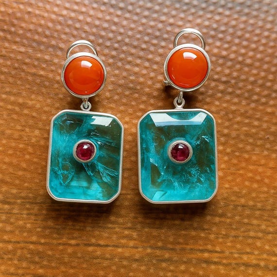 Paraiba Tourmaline with Ruby Earrings : 925 sterling silver jewelry , Orange onyx accent