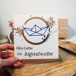 edle, quadratische Glückwunschkarte zur Jugendweihe mit blauen Akzenten für Jungen und Mädchen, Geschenk Jugendweihe