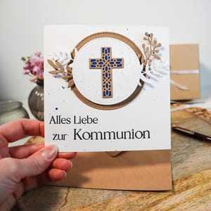 edle, quadratische Glückwunschkarte zur Kommunion mit blauen Akzenten für Jungen und Mädchen, Geschenk zur heiligen Erstkommunion