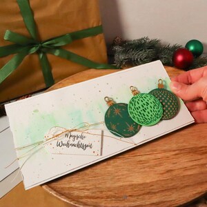 Weihnachtskarte mit Christbaumkugeln, personalisierbar, Weihnachtspost, Grußkarte zu Weihnachten in Grün, Gutschein- oder Geldverpackung