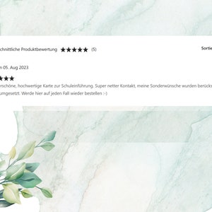 May include: A five-star review for a school invitation card. The review reads, "Wundersch&ouml;ne, hochwertige Karte zur Schuleinf&uuml;hrung. Super netter Kontakt, meine Sonderw&uuml;nsche wurden ber&uuml;cksichtigt und sofort umgesetzt. Werde hier auf jeden Fall wieder bestellen :-) "