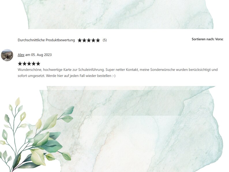May include: A five-star review for a school invitation card. The review reads, "Wundersch&ouml;ne, hochwertige Karte zur Schuleinf&uuml;hrung. Super netter Kontakt, meine Sonderw&uuml;nsche wurden ber&uuml;cksichtigt und sofort umgesetzt. Werde hier auf jeden Fall wieder bestellen :-) "