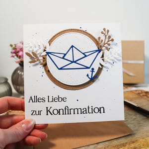 edle, quadratische Glückwunschkarte zur Konfirmation mit blauen Akzenten für Jungen und Mädchen, Geschenk Konfirmation