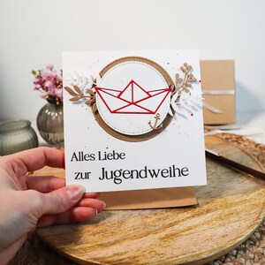 edle, quadratische Glückwunschkarte zur Jugendweihe mit roten Akzenten für Jungen und Mädchen, Geschenk Jugendweihe
