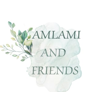 May include: A watercolor illustration of a leafy branch with the text "AMLAMI AND FRIENDS" in a light green font.