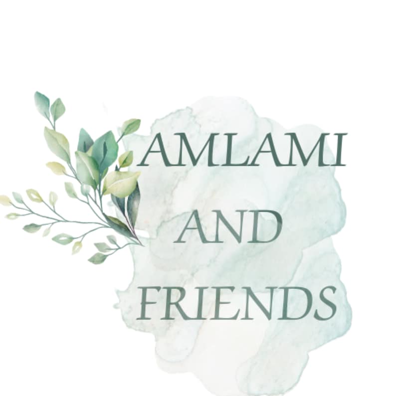 May include: A watercolor illustration of a leafy branch with the text "AMLAMI AND FRIENDS" in a light green font.