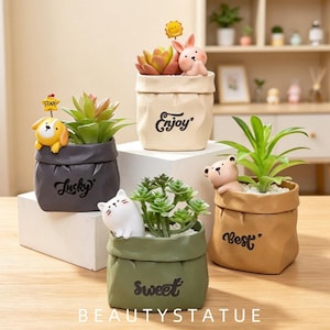 Imitation Paper Bag Resin Succulent Planter Cute Animal Figurine Flower Pot Mini Desktop Plant Pot Home Decor Gift
