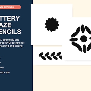 May include: A digital collection of 24 pottery glaze stencils featuring botanical, geometric, and folk-inspired designs. The set includes 12 motifs, 6 borders, and 6 medallions in SVG, PNG, and PDF formats for masking and tracing on ceramic surfaces.