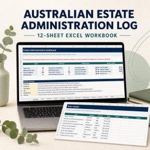 Spreadsheet voor de afwikkeling van een Australische nalatenschap | Werkboek voor de organisatie van de executeur | Logboek voor bezittingen, schulden, contactpersonen en geld | Excel-download