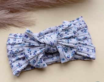Easter Baby Bow Headband | Newborn Headband | Baby Shower Gift | Toddler Cable Knit Bow | Boho Style | Turban | Hairbow | Blue Floral