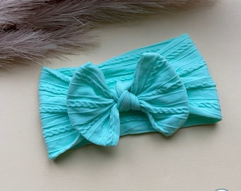 Turquoise Baby Bow Headband | Newborn Headband | Baby Shower Gift | Toddler Cable Knit Bow | Boho Style | Turban | Hairbow | Stretchy Soft