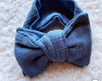 Blue Large Baby Bow Headband | Newborn Headband | Baby Shower Gift | Toddler Cable Knit Bow | Boho Style | Turban | Hairbow | Stretchy Soft