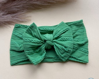 Fern Green Baby Bow Headband | Newborn Headband | Baby Shower Gift | Toddler Cable Knit Bow | Boho Style | Turban | Hairbow | Stretchy Soft