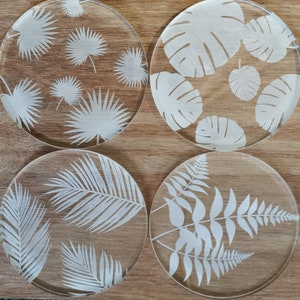 Set of 4 engraved acryclic tropical coasters or a set of 6 clear acrylic (not engraved) coasters